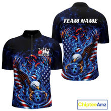 Load image into Gallery viewer, Front and back men’s bowling quarter zip shirt mockup featuring flaming bald eagle artwork, blue bowling ball, American flag, and blue flames.