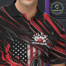 Load image into Gallery viewer, Close-up of the left chest on a black and red bowling polo shirt featuring a patriotic flaming bowling ball striking pins.