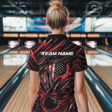 Load image into Gallery viewer, Back view of a female model in a bowling center wearing a black and red polo shirt showcasing a flaming bowling strike scene with patriotic accents.