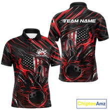 Load image into Gallery viewer, Front and back display of a black and red men’s bowling polo shirt featuring a patriotic flaming bowling ball striking pins and American flag details.