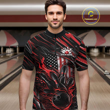 Load image into Gallery viewer, Male model at a bowling lane wearing a black and red bowling quarter-zip shirt with bowling strike artwork and patriotic flame details.