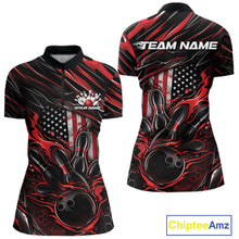 Load image into Gallery viewer, Women’s quarter zip bowling shirt mockup featuring black and red colorway with patriotic flames bowling ball striking pins and American flag themed accents