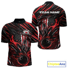 Load image into Gallery viewer, Front and back mockup of a black and red men’s bowling quarter-zip shirt featuring a patriotic flaming bowling ball striking pins with flag-inspired graphics.