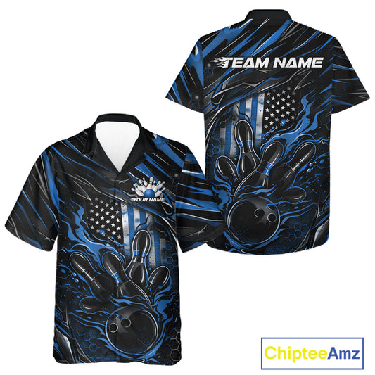 Front and back display of a black and blue button-up bowling shirt showcasing a patriotic bowling strike scene with American flag details.