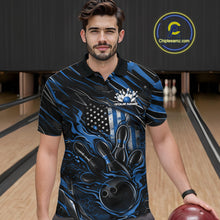 Load image into Gallery viewer, Male model wearing a black and blue bowling polo shirt at a bowling lane with fiery bowling action artwork and patriotic accents.