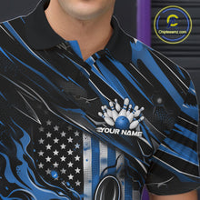Load image into Gallery viewer, Close-up left chest detail of a black and blue bowling polo shirt featuring a patriotic bowling ball and pin design with flag-inspired graphics.