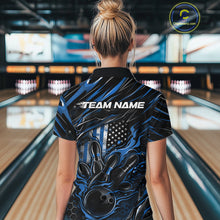 Load image into Gallery viewer, Custom Blue American Flag Flame Women Bowling Polo Shirt, Patriotic Bowling Jersey IPHW11176