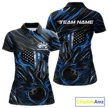 Load image into Gallery viewer, Custom Blue American Flag Flame Women Bowling Polo Shirt, Patriotic Bowling Jersey IPHW11176