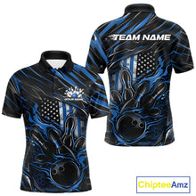Load image into Gallery viewer, Front and back mockup of a black and blue men’s bowling polo shirt showcasing a patriotic flaming bowling ball striking pins with an American flag theme.
