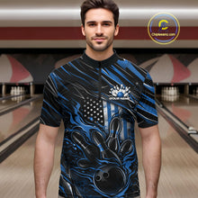 Load image into Gallery viewer, Male model wearing a black and blue bowling quarter-zip shirt at a bowling lane with fiery bowling strike graphics and patriotic accents.