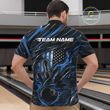 Load image into Gallery viewer, Front view of a male model in a bowling center wearing a black and blue quarter-zip shirt featuring a flaming bowling ball and pin motif.