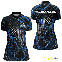 Load image into Gallery viewer, Women’s quarter zip bowling shirt mockup displaying black and blue colorway with patriotic flames bowling ball striking pins and American flag style artwork