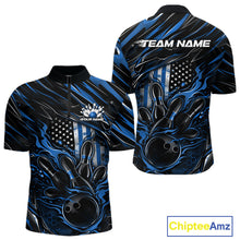 Load image into Gallery viewer, Front and back view of a black and blue men’s bowling quarter-zip shirt showcasing a patriotic flaming bowling ball striking pins with American flag artwork.