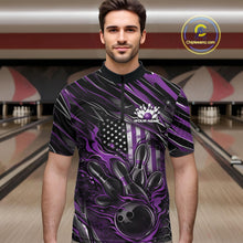 Load image into Gallery viewer, Male model at a bowling lane wearing a black and purple bowling quarter-zip shirt with fiery bowling action artwork and patriotic details.