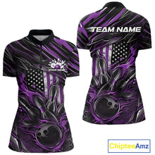 Load image into Gallery viewer, Women’s quarter zip bowling shirt mockup displaying black and purple colorway with patriotic flaming bowling ball striking pins and flag-themed accents