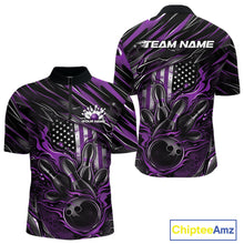 Load image into Gallery viewer, Front and back display of a black and purple men’s bowling quarter-zip shirt featuring a patriotic flaming bowling ball striking pins and flag-themed accents.