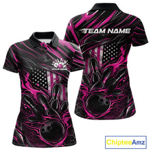 Load image into Gallery viewer, Front and back display of a black and pink women’s bowling polo shirt featuring a patriotic flaming bowling ball striking pins with an American flag theme.
