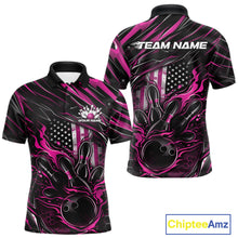 Load image into Gallery viewer, Front and back display of a black and pink men’s bowling polo shirt featuring a patriotic flaming bowling ball striking pins with an American flag theme.