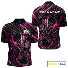 Load image into Gallery viewer, Front and back mockup of a black and pink men’s bowling quarter-zip shirt showcasing a patriotic flaming bowling ball striking pins with an American flag theme.
