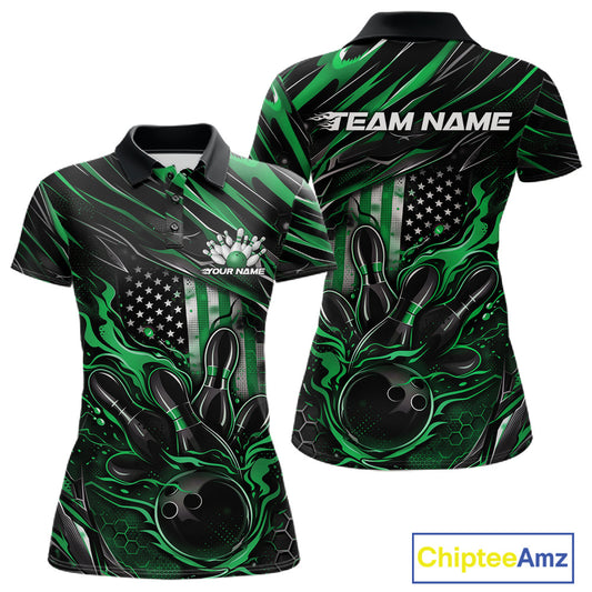 Front and back view of a black and green women’s bowling polo shirt showcasing a patriotic flaming bowling ball striking pins with American flag accents.