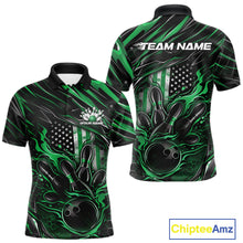 Load image into Gallery viewer, Front and back view of a black and green men’s bowling polo shirt featuring a patriotic flaming bowling ball striking pins with American flag accents.