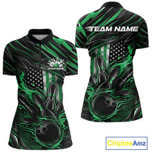 Load image into Gallery viewer, Women’s quarter zip bowling shirt mockup displaying black and green colorway with patriotic flames bowling ball striking pins and American flag inspired styling