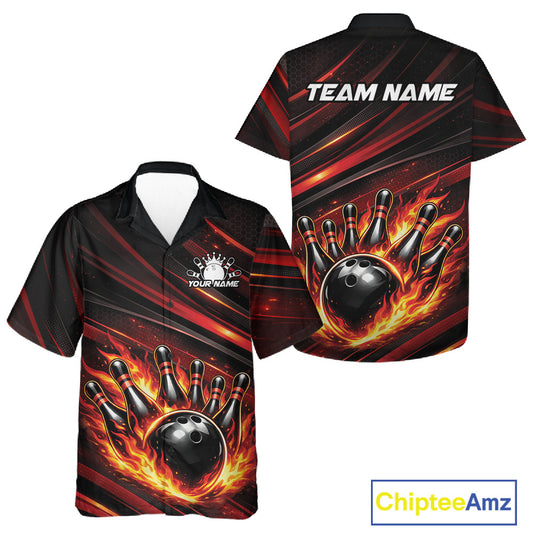 Front and back display of a black and red-orange button-up bowling shirt featuring a flaming bowling ball knocking down pins with abstract stripes.