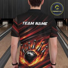 Load image into Gallery viewer, Back view of a male model in a bowling center wearing a black and red-orange polo shirt showcasing a fiery bowling action scene.