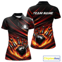 Load image into Gallery viewer, Front and back view of a black and red-orange women’s bowling polo shirt showcasing a fiery bowling ball striking pins with abstract stripe accents.