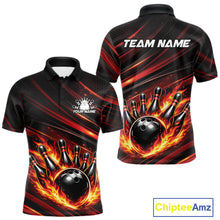 Load image into Gallery viewer, Front and back view of a black and red-orange men’s bowling polo shirt featuring a fiery bowling ball striking pins with dynamic stripe artwork.