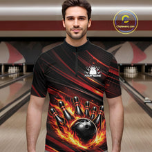 Load image into Gallery viewer, Male model at a bowling lane wearing a black and red-orange bowling quarter-zip shirt with flaming bowling artwork and dynamic stripe details.