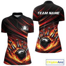 Load image into Gallery viewer, Women’s quarter zip bowling shirt mockup featuring black and red orange shirt with fiery bowling ball striking pins and abstract stripe artwork