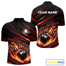 Load image into Gallery viewer, Front and back view of a black and red-orange men’s bowling quarter-zip shirt showcasing a fiery bowling ball striking pins with abstract stripes.