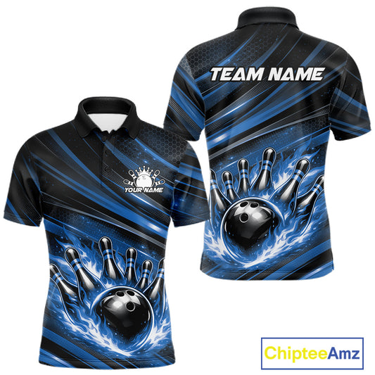 Front and back mockup of a black and blue men’s bowling polo shirt showcasing a fiery bowling ball striking pins with abstract stripe graphics.