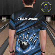 Load image into Gallery viewer, Back view of a male model in a bowling venue wearing a black and blue polo shirt featuring a flaming bowling ball and pin design.