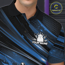Load image into Gallery viewer, Close-up of the left chest area on a black and blue bowling polo shirt featuring a fiery bowling strike graphic with abstract stripes.
