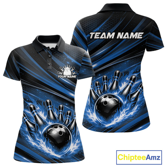 Front and back mockup of a black and blue women’s bowling polo shirt featuring a fiery bowling ball striking pins and abstract stripe artwork.