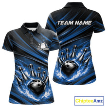 Load image into Gallery viewer, Front and back mockup of a black and blue women’s bowling polo shirt featuring a fiery bowling ball striking pins and abstract stripe artwork.