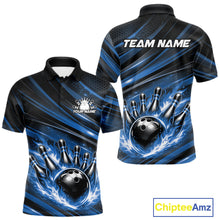 Load image into Gallery viewer, Front and back mockup of a black and blue men’s bowling polo shirt showcasing a fiery bowling ball striking pins with abstract stripe graphics.