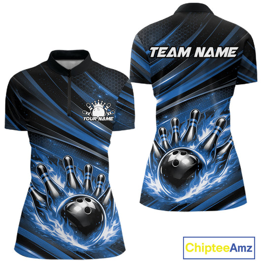 Women’s quarter zip bowling shirt mockup front and back displaying black and blue shirt with fiery bowling ball striking pins and abstract stripe graphics