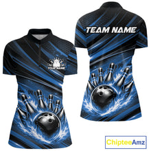 Load image into Gallery viewer, Women’s quarter zip bowling shirt mockup front and back displaying black and blue shirt with fiery bowling ball striking pins and abstract stripe graphics