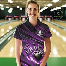 Load image into Gallery viewer, Female model at a bowling lane wearing a black and purple bowling polo shirt with flaming bowling artwork and modern stripe accents.