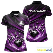 Load image into Gallery viewer, Front and back display of a black and purple women’s bowling polo shirt featuring a fiery bowling ball striking pins with abstract stripes.