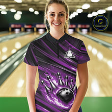 Load image into Gallery viewer, Female model in a bowling lane wearing a black and purple quarter zip shirt, front view featuring fiery bowling ball striking pins with abstract stripe design