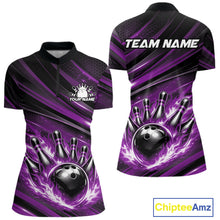 Load image into Gallery viewer, Women’s quarter zip bowling shirt mockup featuring black and purple shirt with fiery bowling ball striking pins and abstract stripe accents