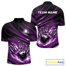 Load image into Gallery viewer, Front and back display of a black and purple men’s bowling quarter-zip shirt featuring a fiery bowling ball striking pins with abstract stripes.