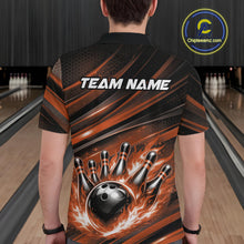 Load image into Gallery viewer, Back view of a male model in a bowling center wearing a black and orange polo shirt showcasing a fiery bowling action scene.