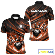 Load image into Gallery viewer, Front and back view of a black and orange men’s bowling polo shirt featuring a fiery bowling ball striking pins with bold abstract stripe graphics.