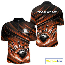 Load image into Gallery viewer, Front and back view of a black and orange men’s bowling quarter-zip shirt showcasing a fiery bowling ball striking pins with abstract stripe graphics.