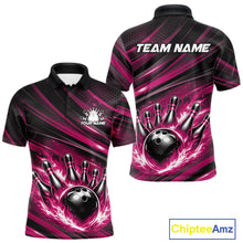 Load image into Gallery viewer, Front and back mockup of a black and pink men’s bowling polo shirt showcasing a fiery bowling ball striking pins with abstract stripe artwork.